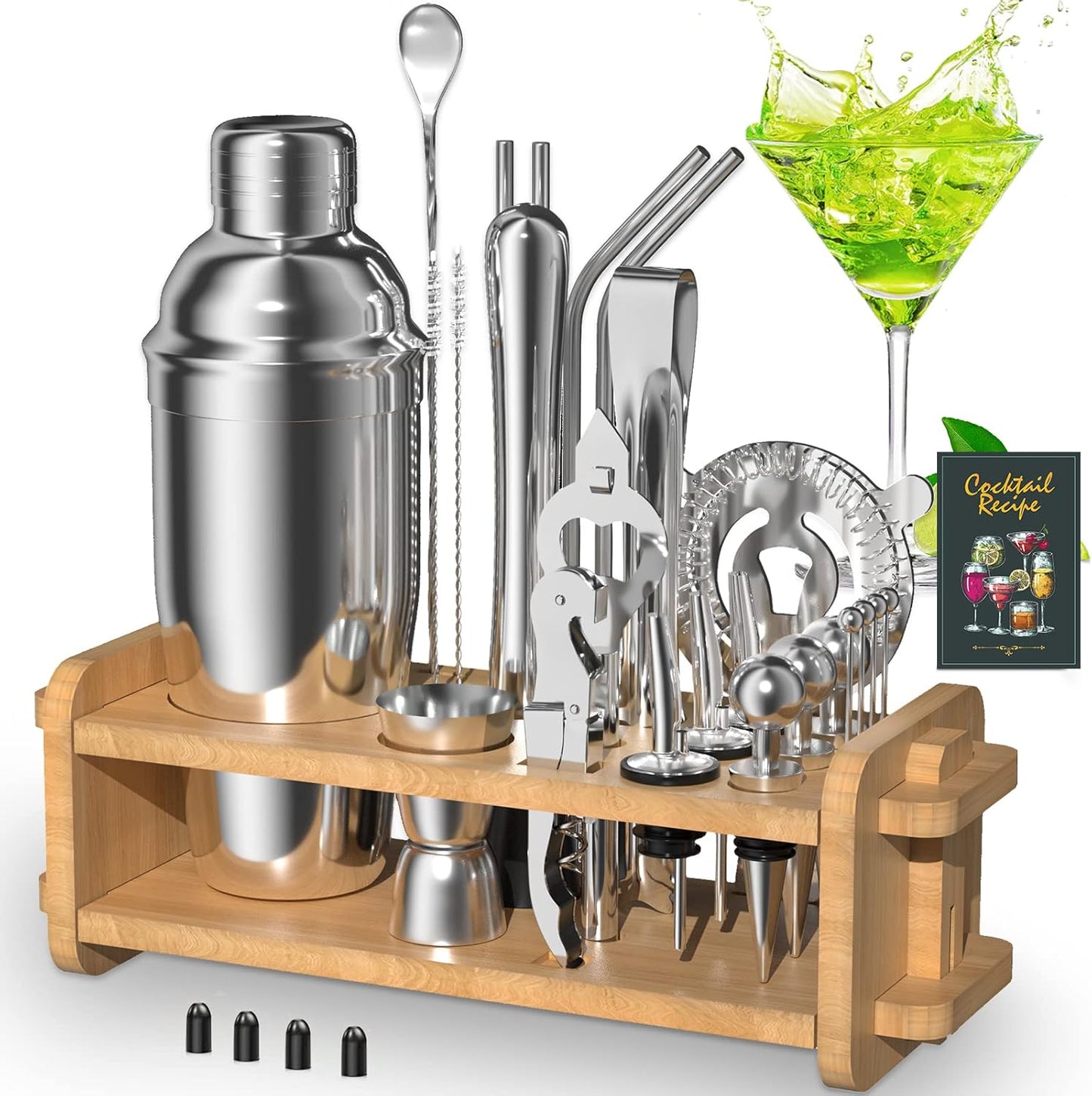 Kurpot Cocktail Shaker Set, 15 Piece Bartender Kit with Stylish Bamboo Stand, Professional Stainless Steel Bar Tool Set, Silver