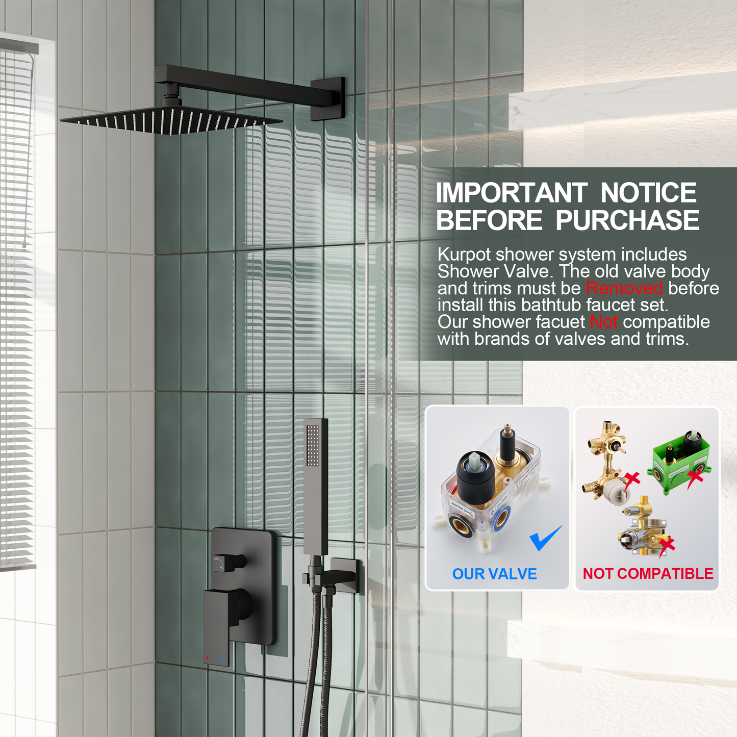 Kurpot Matte Black Shower System, 10" High Pressure Shower Head with Handheld Combo, Wall Mounted Black Shower Faucet Set with Valve, 59'' Long Shower Hose, Shower Trim and 2-IN-1 Diverter