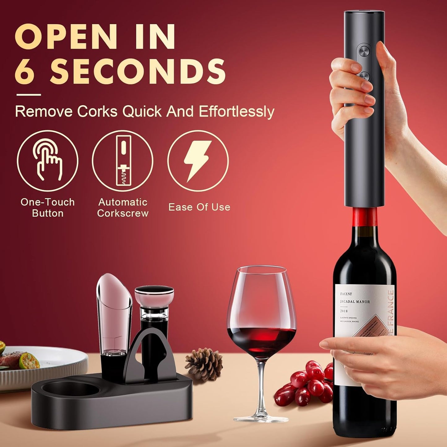 Kurpot Electric Wine Opener, Cordless Wine Corkscrew Remover for Home Kitchen Party Wedding