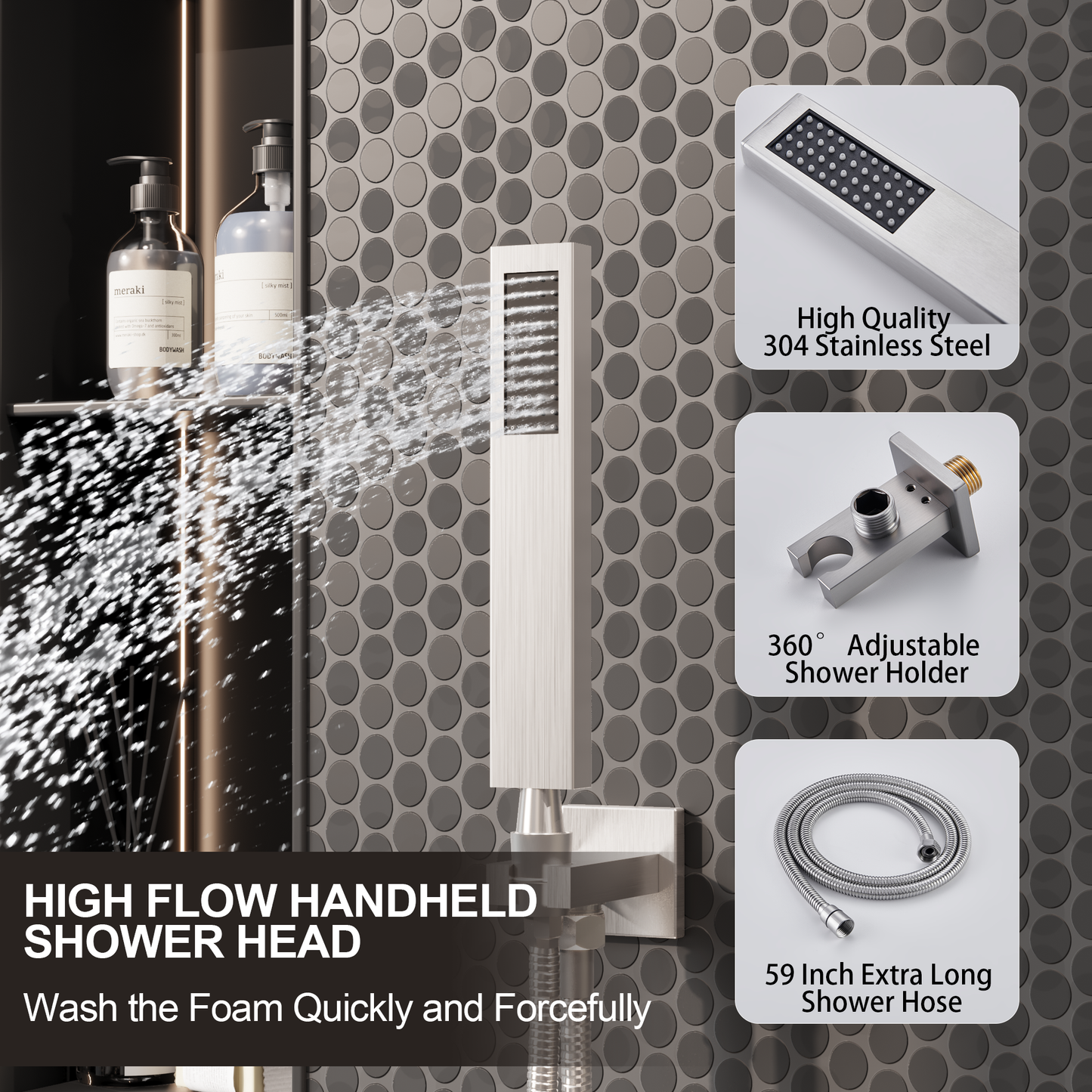 Kurpot Shower System, 10'' High Pressure Brushed Nickel Shower Head with Handheld Combo, Included 59'' Shower Hose, Shower Trim Kit and 2-IN-1 Diverter, Bathroom Shower Faucet Set with Valve