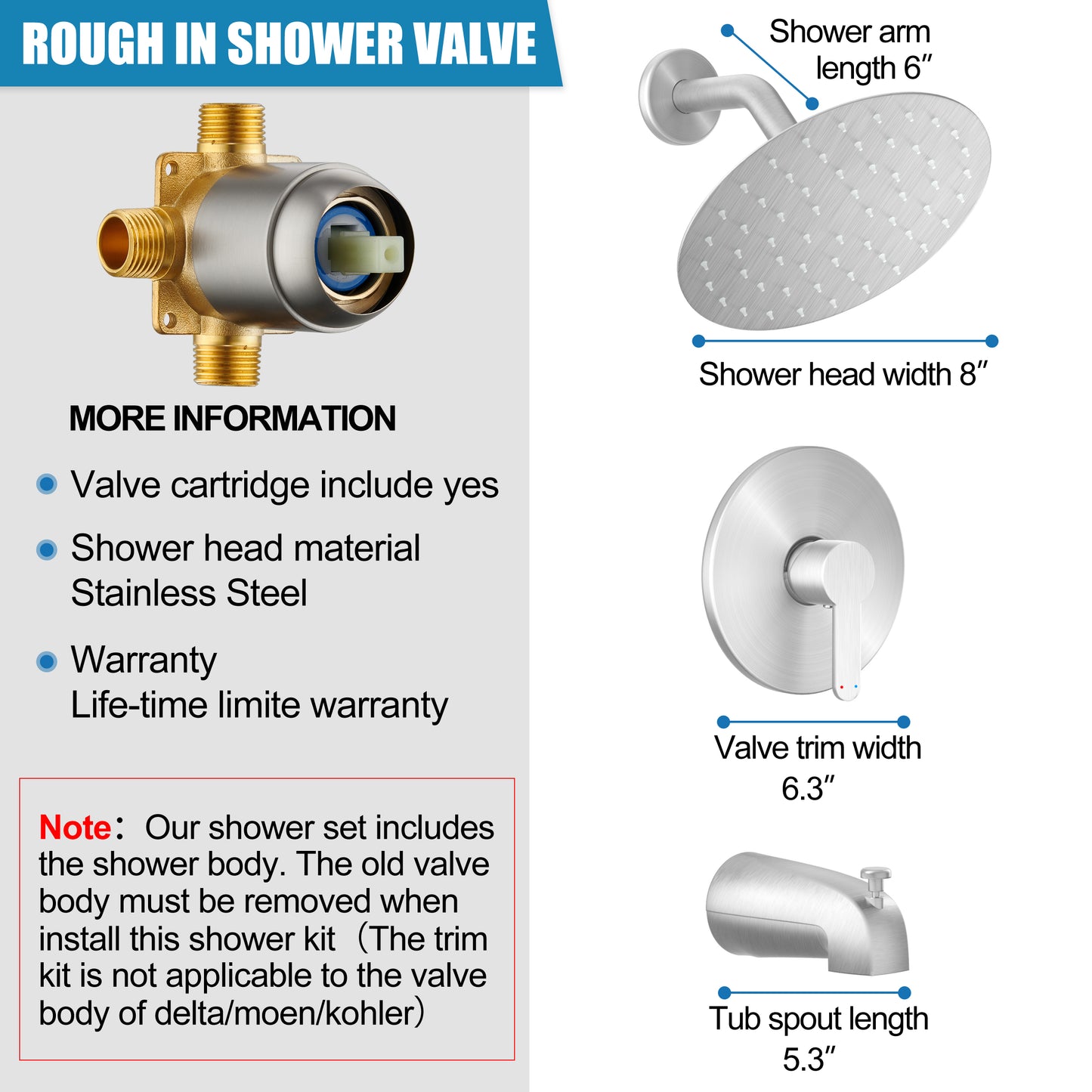 Kurpot Bathtub Faucet Set, Brushed Nickel Tub Shower Faucet with Valve, 8 Inch High Pressure Rain Shower Head, Tub Spout and Shower Tub Kit, Single-Handle Shower Fixtures