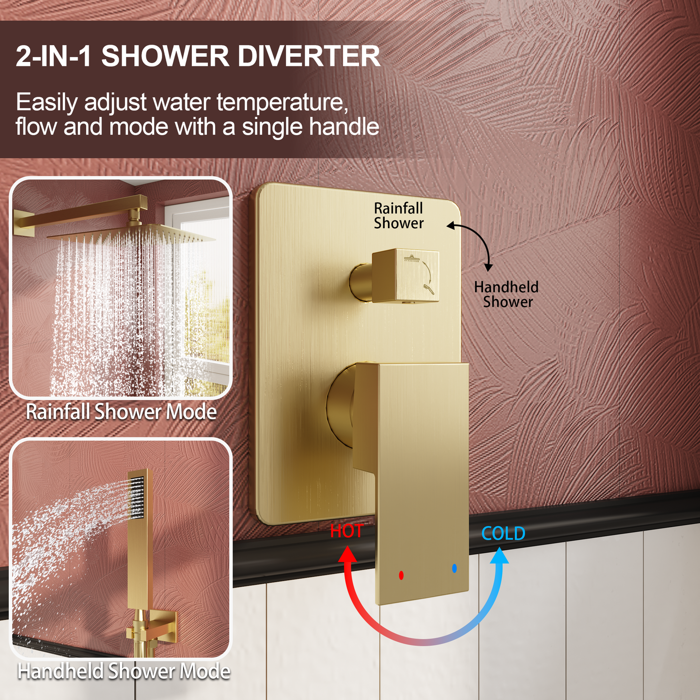 Kurpot Brushed Gold Shower System, 10'' Square Rainfall Shower Head with Handheld Combo, Wall Mounted Bathroom Gold Shower Faucet Set with Valve, 59'' Shower Hose, Shower Trim and 2-IN-1 Diverter