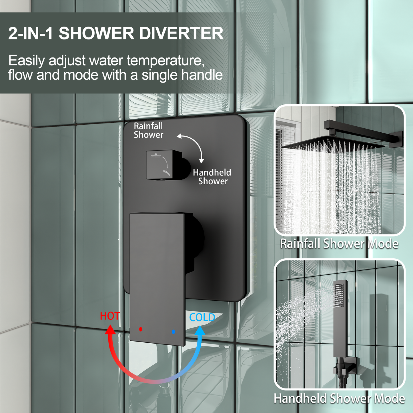 Kurpot Matte Black Shower System, 10" High Pressure Shower Head with Handheld Combo, Wall Mounted Black Shower Faucet Set with Valve, 59'' Long Shower Hose, Shower Trim and 2-IN-1 Diverter