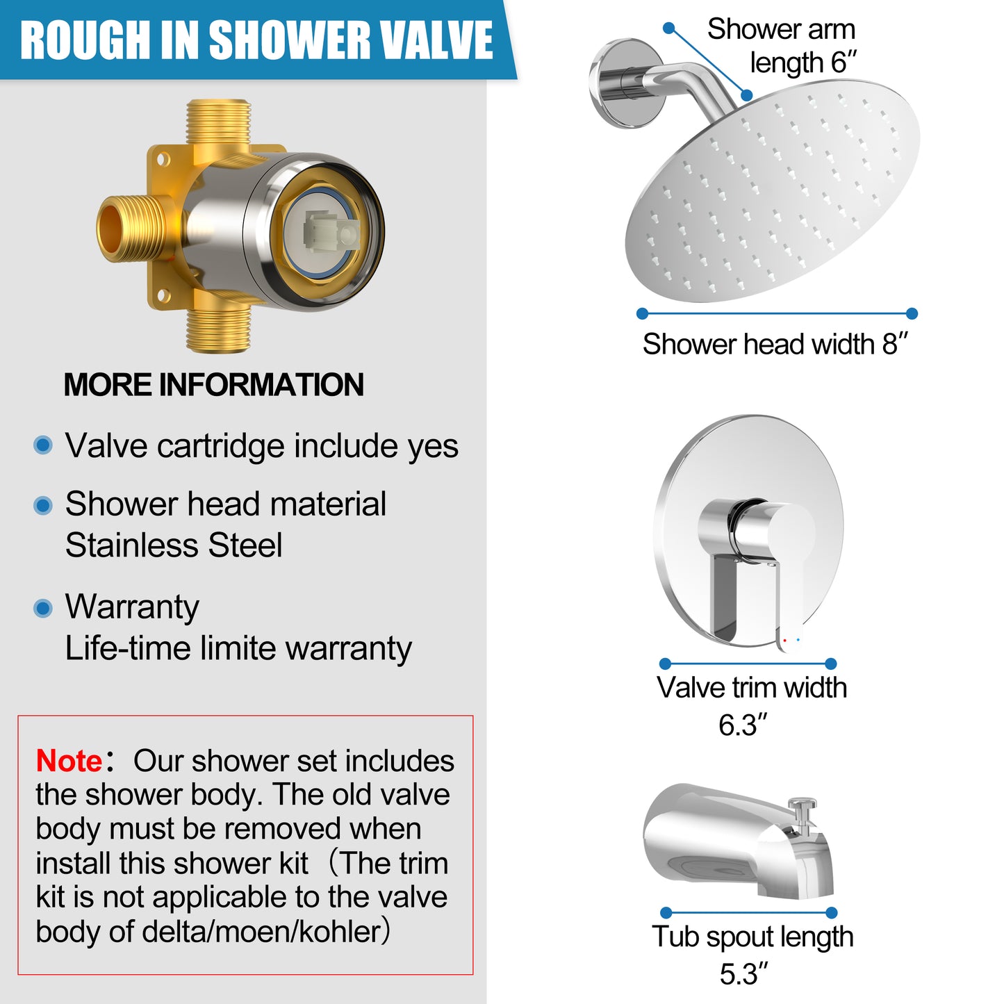 Kurpot Bathroom Shower Faucet Set, Polished Chrome Shower Tub Faucet Set with 8 Inch High Pressure Rain Shower Head, Tub Spout, Shower Valve and Trim Kit, Single-Handle Shower Faucets Sets Complete