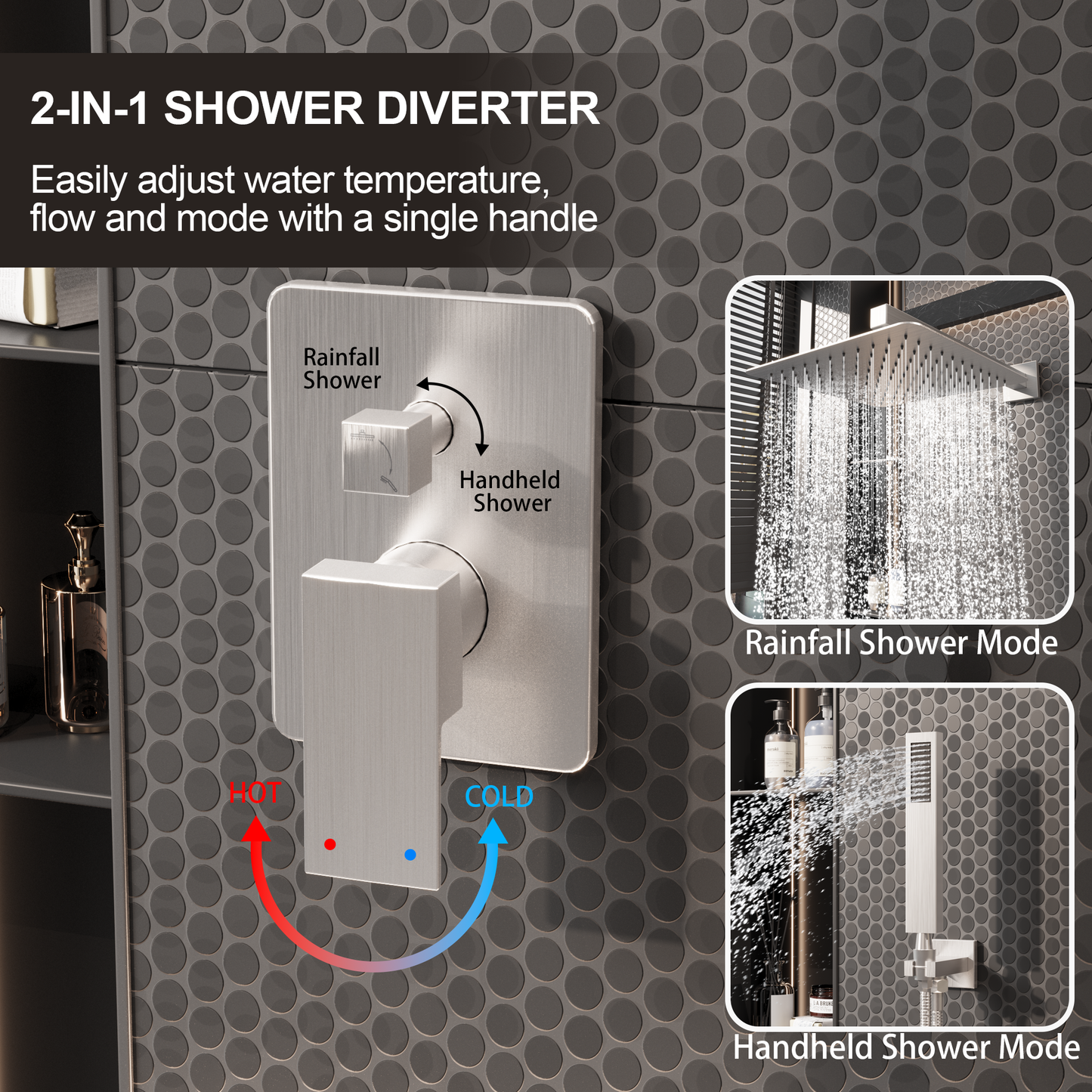 Kurpot Shower System, 10'' High Pressure Brushed Nickel Shower Head with Handheld Combo, Included 59'' Shower Hose, Shower Trim Kit and 2-IN-1 Diverter, Bathroom Shower Faucet Set with Valve