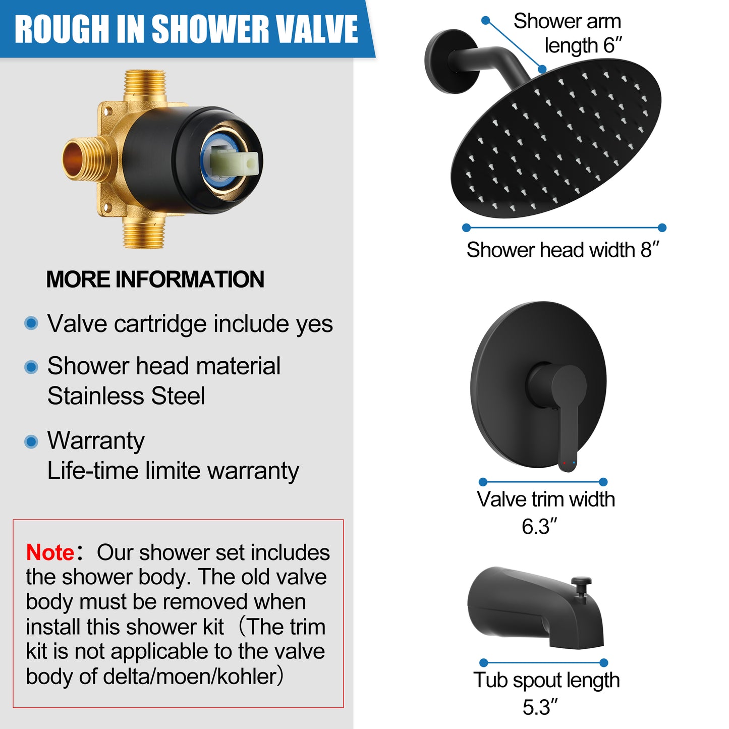 Kurpot Tub Shower Faucet Set, Matte Black Shower Faucet with Valve, 8 Inch High Pressure Rain Shower Head, Tub Spout and Shower Tub Kit, Single-Handle Shower Tub Faucet Set